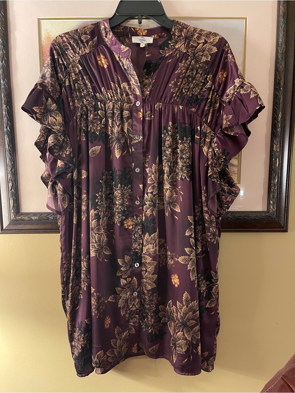 entro Plum Floral Button-Front Ruffle Sleeve Tunic dress
